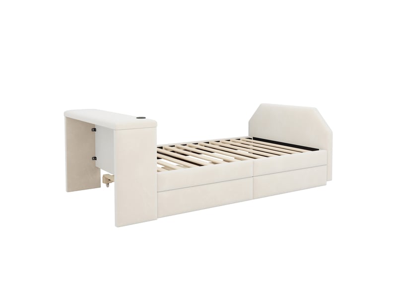  Lit enfant capitonné 90 x 200 cm avec bureau intégré, port de chargement usb et lit d'appoint gigogne ; cadre de lit en velours beige pour chambre d'enfant ou chambre d'amis  - Conforama E