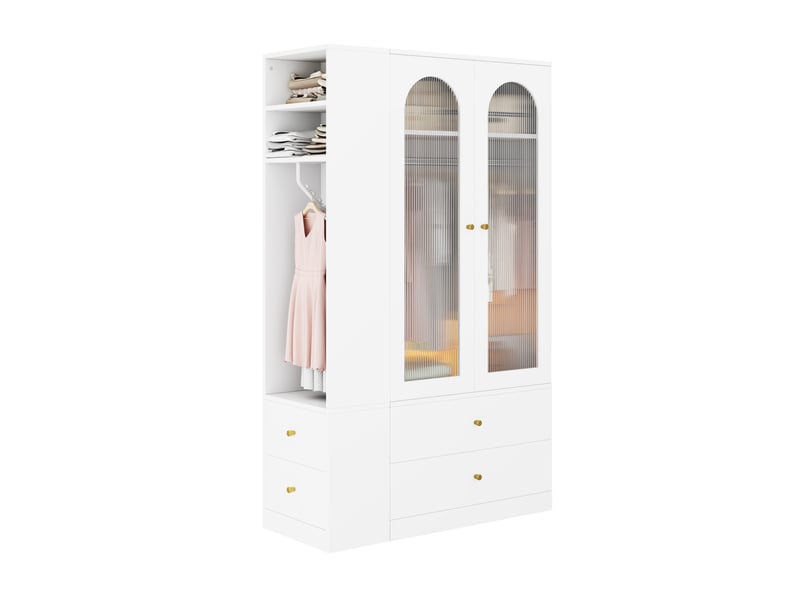  Armoire 120x50x200 cm, 4 tiroirs et 2 portes vitrées, mdf blanc, meuble de rangement chambre, vêtements et accessoires  - Conforama A