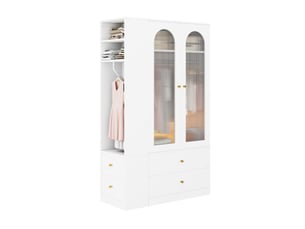 Armoire 120x50x200 cm, 4 tiroirs et 2 portes vitrées, mdf blanc, meuble de rangement chambre, vêtements et accessoires