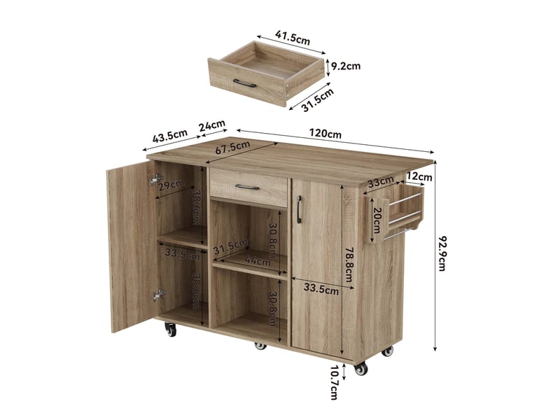  Desserte de cuisine 120x43.5x92.9 cm chêne  à roulettes  - Conforama C
