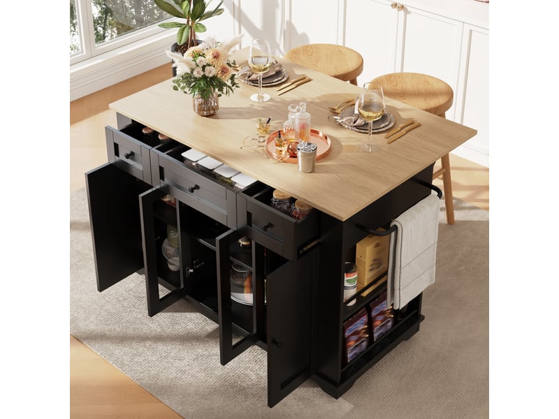  Table de bar pivotante à 360 degrés, îlot central extensible avec porte en verre trempé bombé, meuble bar noir moderne en mdf  - Conforama B