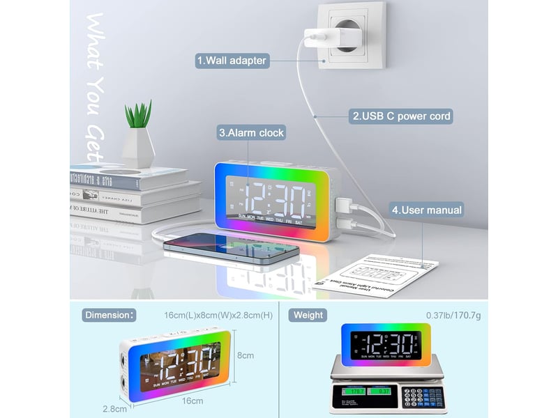  Miroir horloge numérique led avec 8 modes lumière  - Conforama E