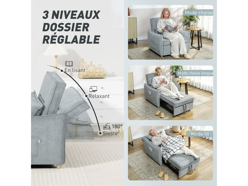  Fauteuil convertible 1 place 3 en 1, fauteuil-lit clic-clac en chenille, assise large dossier réglable, 88x84x87cm, gris  - Conforama E