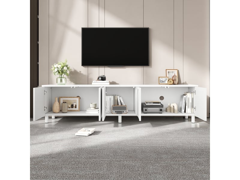  Meuble tv 5 portes design cintré, pieds métalliques, pb et mdf, format bas, blanc, 180 x 38 x 45 cm  - Conforama E