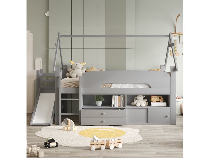 Lit surélevé 90x200 cm, avec toboggan et rangements, en bois, gris, sans matelas - Conforama C