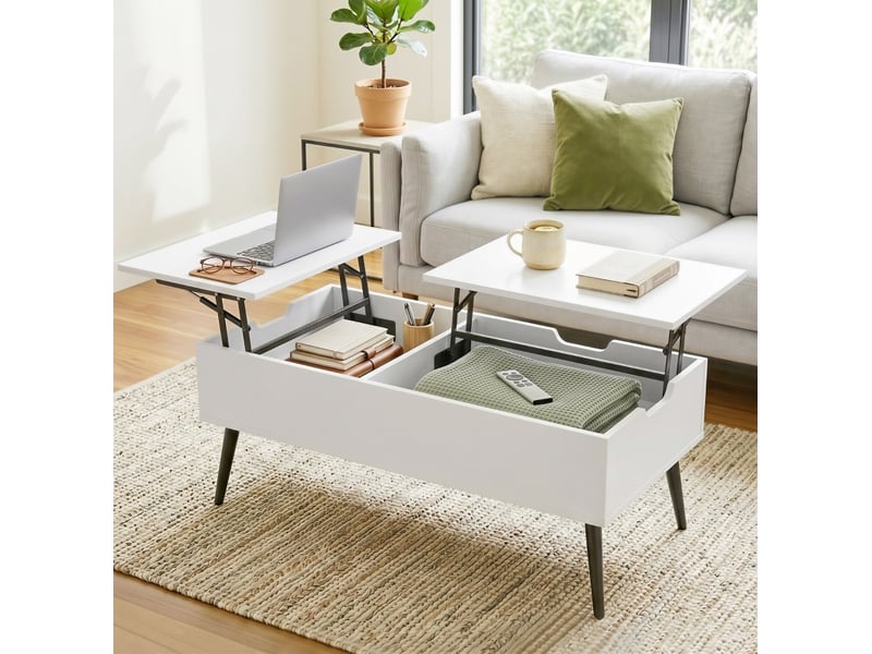  Table basse relevable avec 2 plateaux, rangement caché et pieds en métal noirs pour salon en panneaux e1 blancs  - Conforama B
