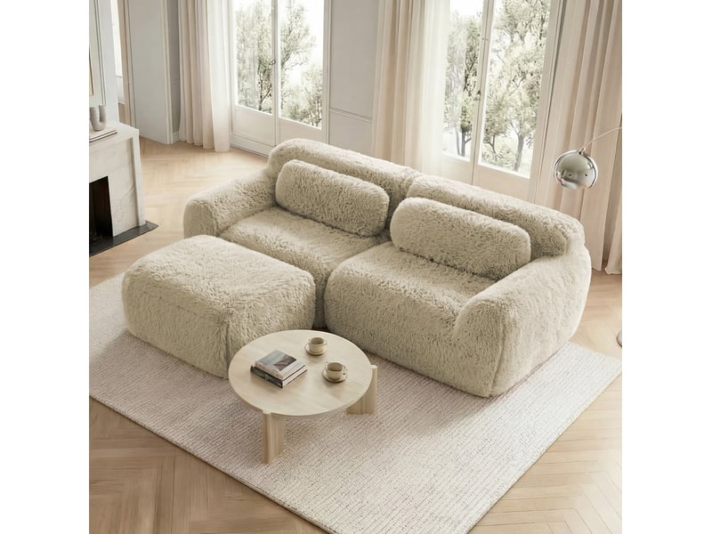 Canapé d'angle modulable 2 places en peluche kaki clair avec pouf  - Conforama B