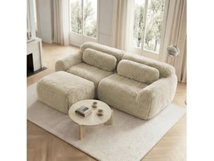Canapé d'angle modulable 2 places en peluche kaki clair avec pouf