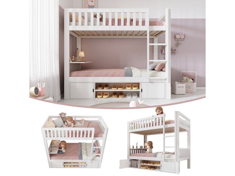Lit superposé enfant 90x200cm, lit 2 place avec table rabattable, placards et range-chaussures, bois, blanc sans matelas  - Conforama E