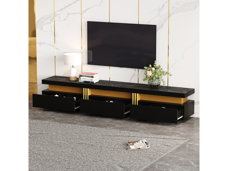  Meuble tv 200x40x42 cm lowboard aspect marbre, trois tiroirs et 1 passe-câbles, commode tv pour téléviseurs jusqu'à 90 pouces  - Conforama A