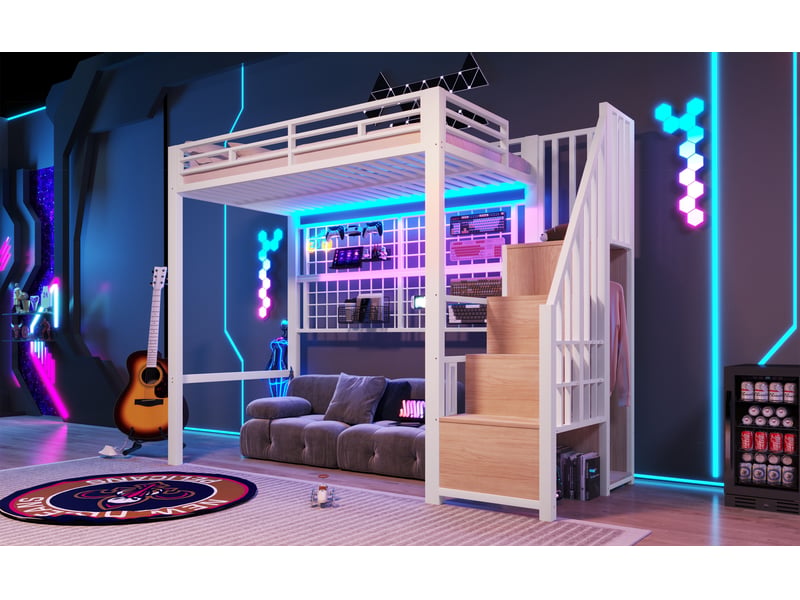  Lit mezzanine 90x200 cm en métal blanc avec placard, échelle de rangement, led 7 couleurs et espace libre sous le lit  - Conforama D