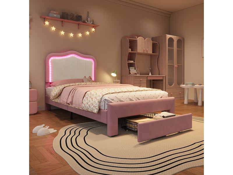  Lit enfant 90 × 200 cm 1 place avec tiroir, éclairage led commandé par application, sans matelas, en velours rose  - Conforama C