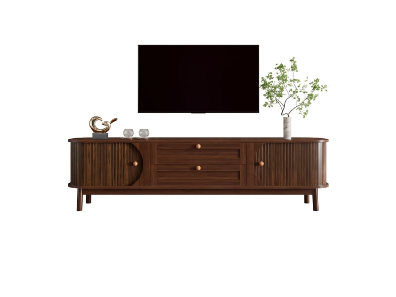  Meuble télévision 170 x 39,5x 46 cm bas rangement portes à lames tiroirs poignées arrondies pieds bois mdf noyer  - Conforama A