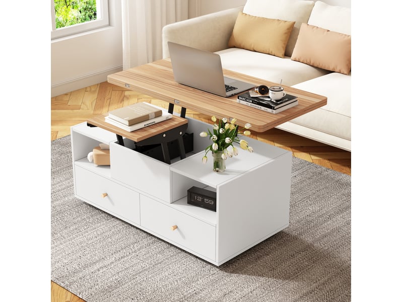 Table basse relevable modulable transformable 100 x 50 x 47,5 cm réglable 47,5-62 cm 4 tiroirs mdf bois naturel - Conforama R