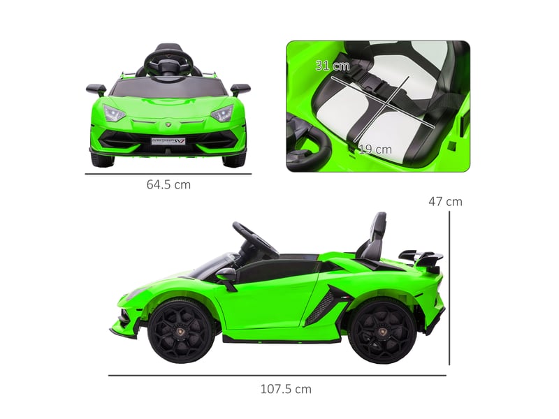  Voiture électrique lamborghini sous licence, 12 v, pour enfants, avec klaxon et télécommande, 107,5 x 64,5 x 47 cm, verte  - Conforama E