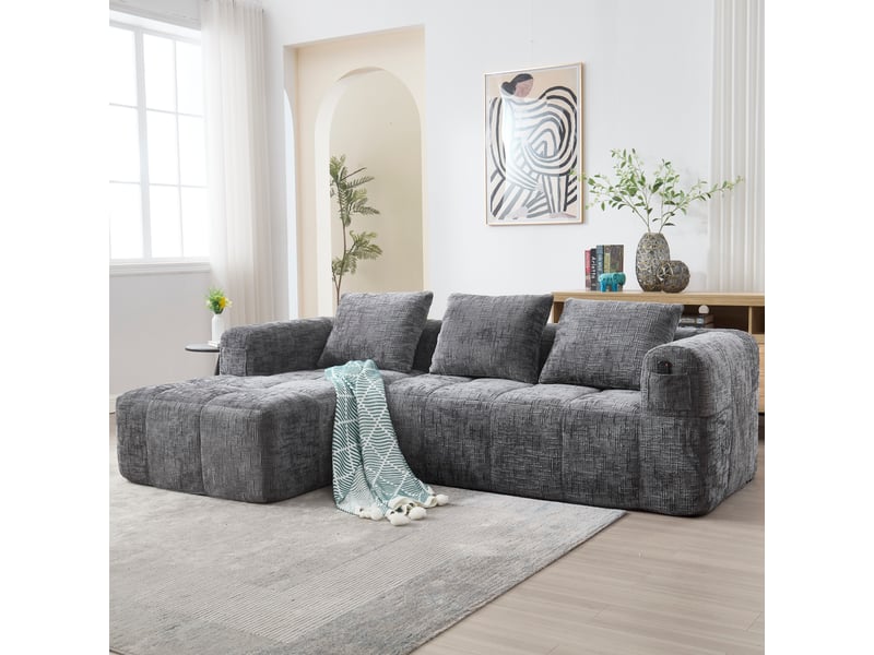  Canapé d’angle en l 3 places sans montage avec méridienne, accoudoirs, 3 coussins et poche latérale, chenille, gris Seren Glow - Conforama B