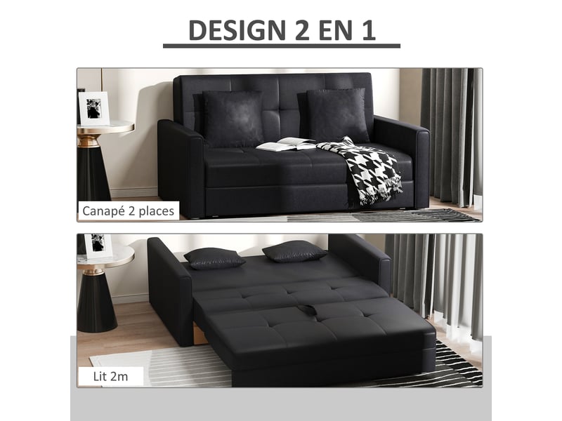 Canapé-lit 2 places convertible 2 en 1 avec 2 coussins et coffre de rangement intégré 152 x 101 x 81 cm gris foncé - Conforama D