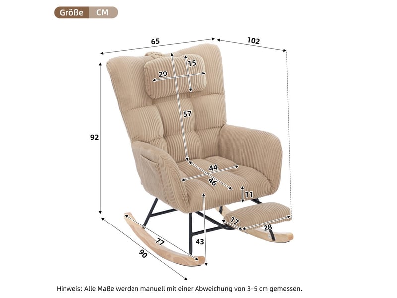  Fauteuil à bascule relax - 102x65x92 cm - avec repose-pieds invisible coussin cervical velours côtelé - marron  - Conforama E