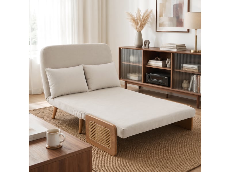  Canapé convertible 2 places, canapé-lit 3 en 1 chenille 103cm, dossier réglable, 2 oreillers, accoudoirs en bois, crème  - Conforama A
