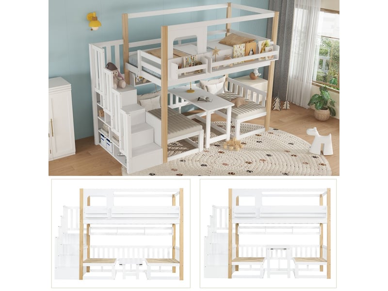  Lit mezzanine enfant 90x200cm avec bureau rabattable - lit enfant - escalier rangement et étagère, pin+mdf, blanc et naturel  - Conforama A