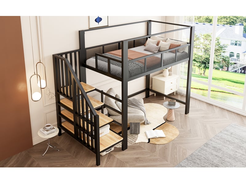  Lit mezzanine 90 × 200 cm 1 place avec escalier de rangement, baldaquin et barrière, sans matelas, noir  - Conforama E