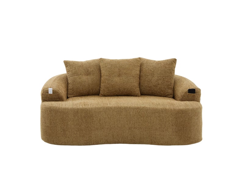  Canapé 2 places 164 x 92 cm jaune moutarde en chenille, assise profonde, 3 coussins décoratifs arrondis  - Conforama D