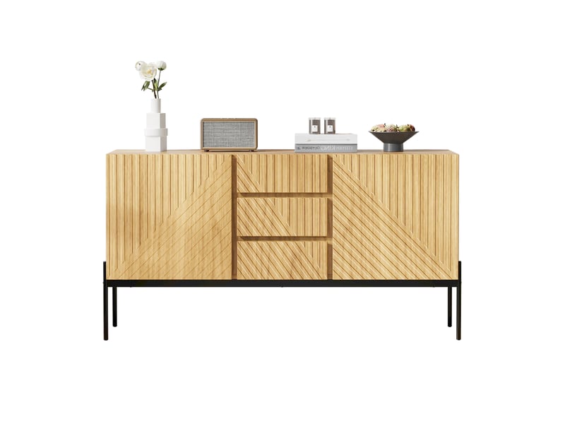  Buffet 2 portes 3 tiroirs avec étagères réglables pour salon 140×40×75 cm en panneaux de particules naturel  - Conforama A