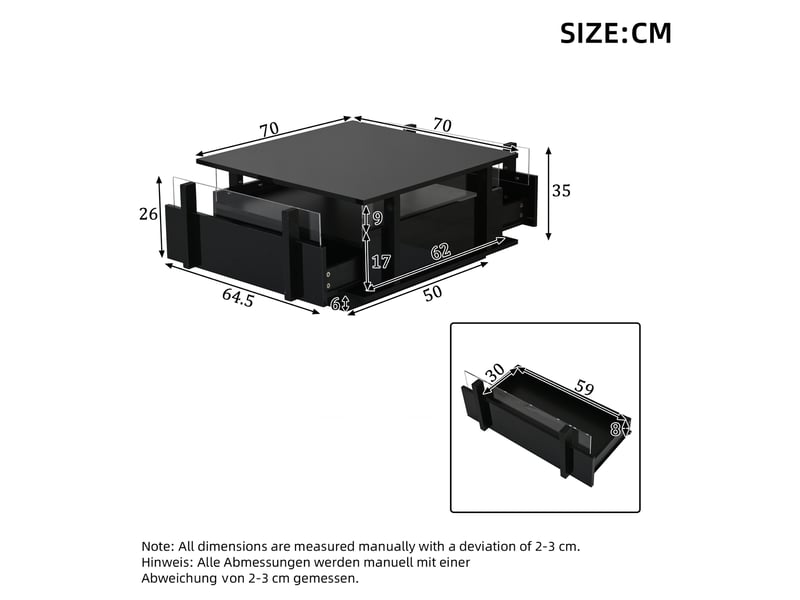 Table basse 70x70 cm en panneaux de particules avec 2 tiroirs, led et séparation en acrylique noir chicfurn  - Conforama D