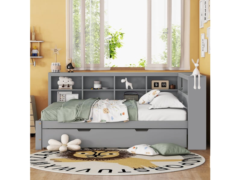  Lit gigogne 140x200 cm avec lit 90x190 cm, prise usb et rangements, gris  - Conforama B