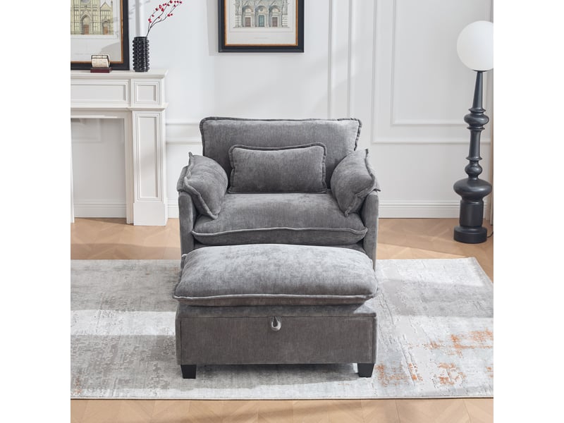  Fauteuil large avec pouf coffre en chenille gris, coussin et poches latérales, assise 1 place IKSETERA TRADING LTD - Conforama B