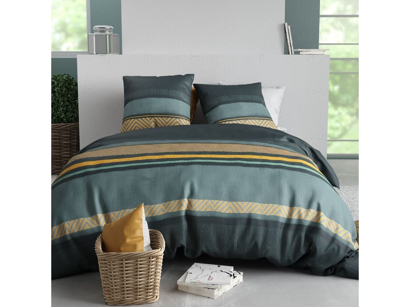  Parure housse de couette 260x240cm + 2 taies motif graphique bleu et jaune 100% coton - strala STRALA - Conforama A