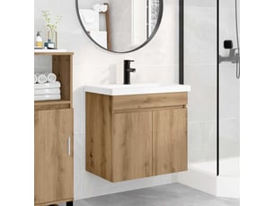 Meuble de rangement salle de bain avec robinet chêne artisanal shl4773