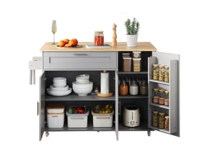Îlot de cuisine mobile grise 132.5 x 44 x 90 cm – îlot roulant avec plan rabattable imitation chêne, 5 roulettes dont 2 freinées