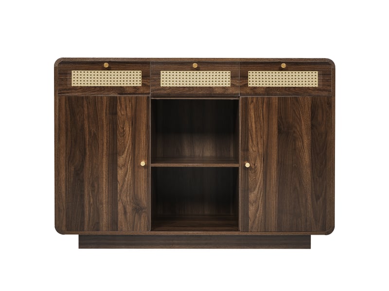  Buffet bas vaisselier 120x40x85 cm noyer mdf panneaux particules 3 tiroirs 2 portes rangement ouvert étagères réglables poignées dorées Sol Morn - Conforama A