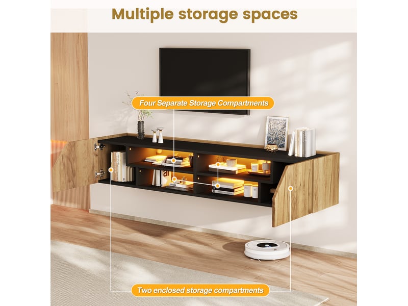  Meuble tv mural noir + ton bois 180 x 36,5 x 40 cm avec led bluetooth, 2 portes, jusqu'à 75 pouces  - Conforama D
