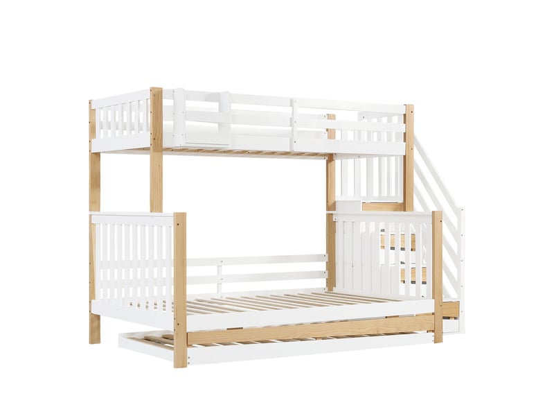  Lit superposé enfants blanc et bois, avec rangement escalier et sommier à lattes, dimensions 90x200 &amp; 120x200 cm  - Conforama D