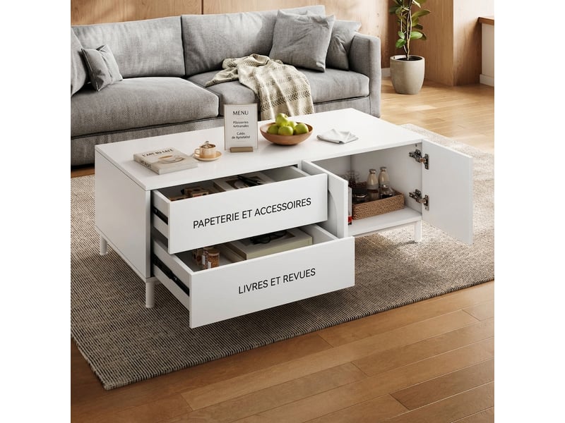  Table basse blanche rectangulaire avec 2 tiroirs et 2 portes motif arc, pieds acier, 100x50x39.5 cm  - Conforama C