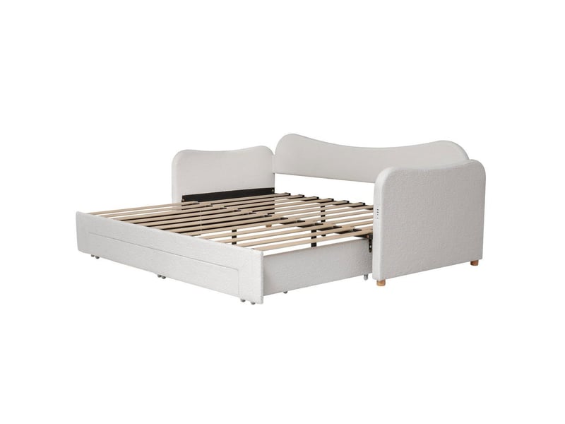Lit banquette rembourré canapé-lit 90x200 cm extensible 180 cm 2 tiroirs connexion usb bouclé beige - Conforama E