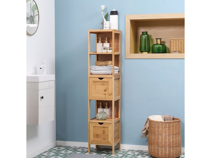  Meuble de salle de bain, 3 étagères, 2 tiroirs, bambou, 30 cm x 30 cm x 140 cm, naturel  - Conforama C