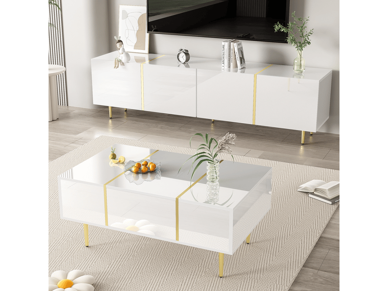  Meuble tv design moderne brillant blanc avec table basse incluse meuble tv contemporain  - Conforama C