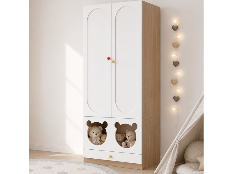  Armoire enfant 2 portes avec tringle, étagères et tiroirs, pour chambre, en mdf blanc et naturel, 80 × 50 × 200 cm  - Conforama C