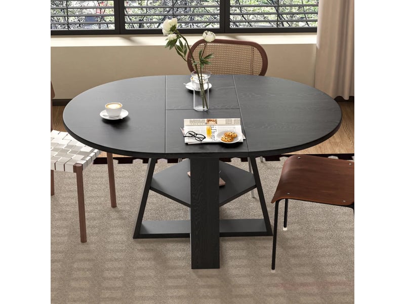  Table à manger extensible ronde 110150 x 100 cm, 4 à 6 personnes, rangements et étagères, effet bois noir Bliss Lite - Conforama E
