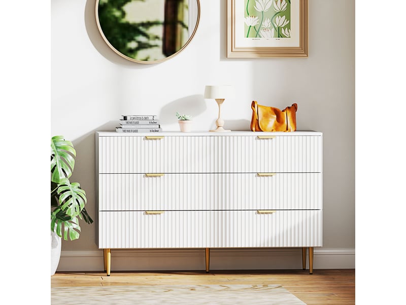 Commode 6 tiroirs commode chambre meuble de rangement moderne avec poignées et pieds dorés, blanc, 120 x 40 x 76,5 cm - Conforama W