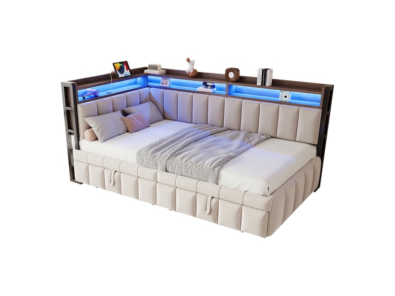  Canapé-lit convertible 90x200 cm avec lit gigogne, tissu velours beige, lit simple avec éclairage led et ports usb et type-c  - Conforama B