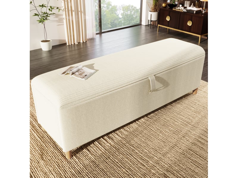  Banquette coffre 145 x 38 cm beige, tissu cord et bois, rangement hydraulique pour chambre, salon ou entrée  - Conforama B