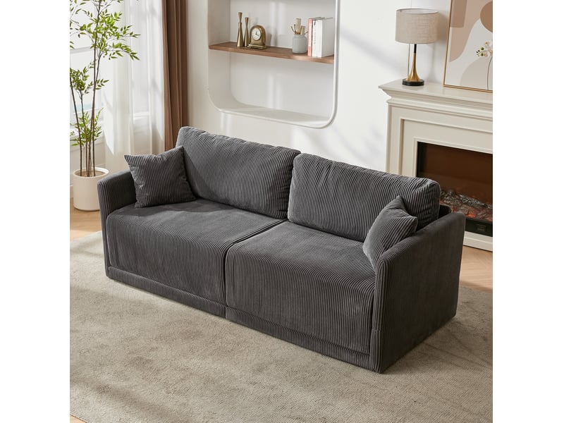 Canapé convertible 2 places avec fonction couchage et coussins, en velours côtelé gris, 202 × 84 × 62 cm - Conforama C