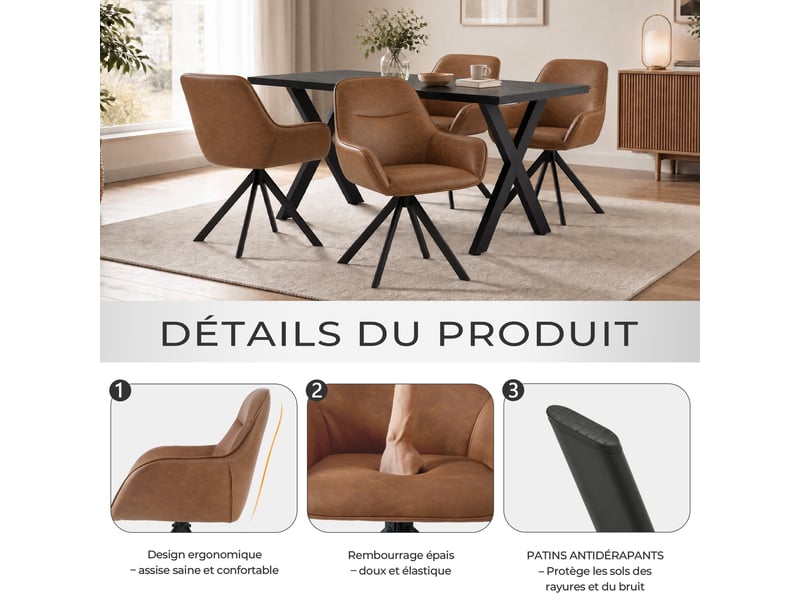  Ensemble table et 4 chaises - table rectangulaire 160x80 cm monobloc en chêne noir et pieds métal, 4 chaises en pu marron et pieds métal  - Conforama R