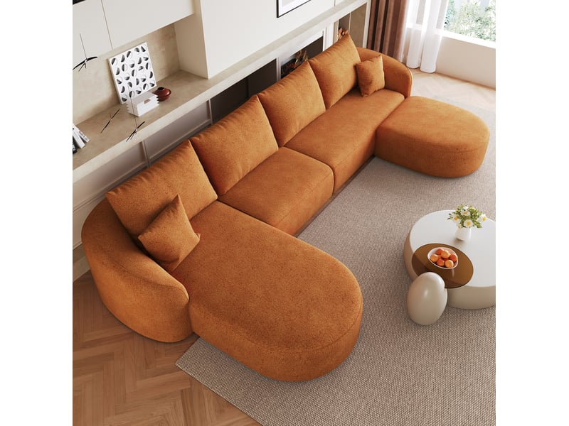 Canapé d’angle en u 5 places en tissu chenille orange, 336x168x85 cm  - Conforama B
