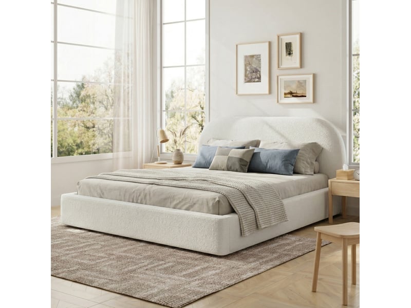  Lit adulte 180x200 cm en bouclette beige avec sommier à lattes et tête rembourrée  - Conforama D