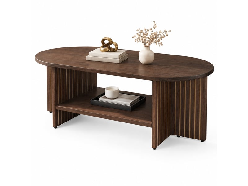  Table basse ovale,100x49x35 cm,avec étagère,mdf,coloris noyer  - Conforama A